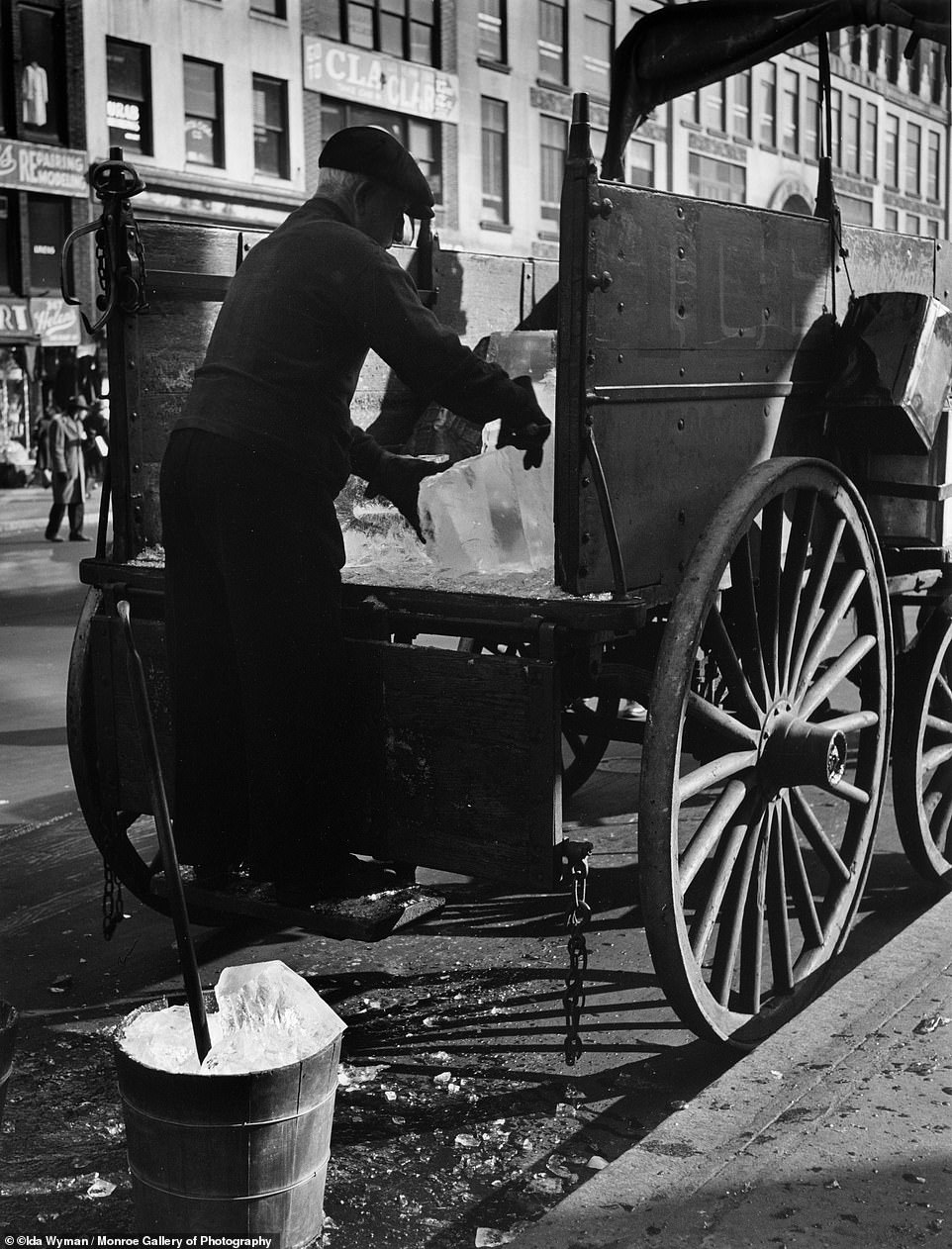 Before there were refrigerators, there were the ice men who delivered the good out of carts, wagons and trucks. In the 19th and part of the 20th century, blocks of ice cut from place such as ponds and streams eventually made their way to cities. The business started in the early 1800s in New England and the commodity was kept in places called 'ice houses.' Above, the bygone profession in an image titled The Iceman, New York City, 1947.