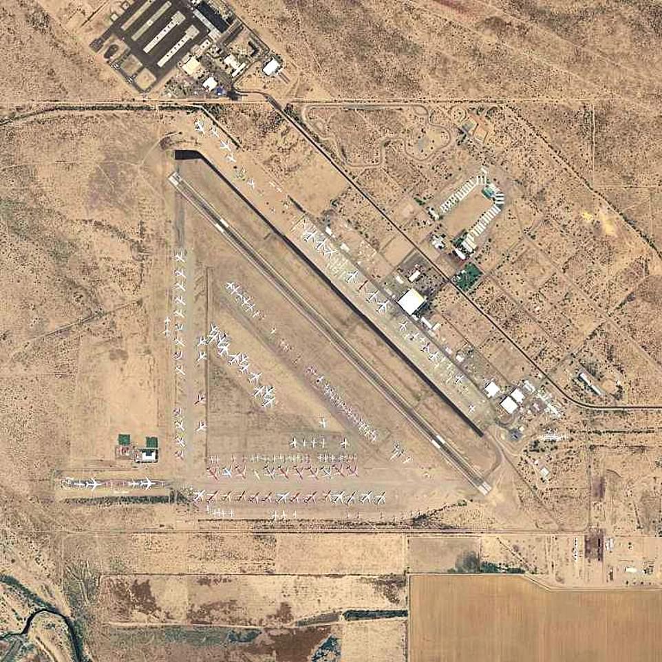 An aerial view of Pinal Airpark, where many old aircrafts are laid to rest stretched out in the Arizona sun, pictured in 2018