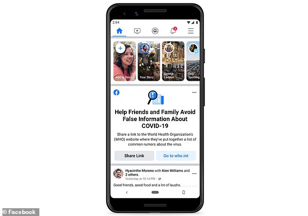 Facebook users who have interacted with fake news about the coronavirus will see a message in their news feed urging them to visit the WHO website and share a WHO link