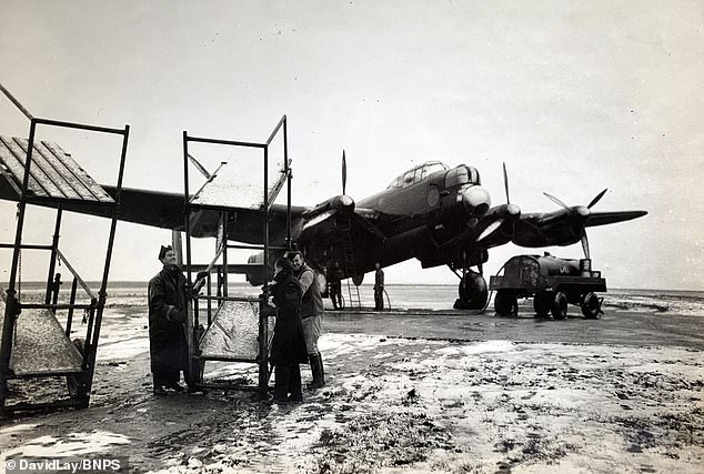 Of 7,377 Lancasters built during the war, over half were lost to enemy action and in training accidents. Pictured: Lancaster being prepared for a raid in the snow