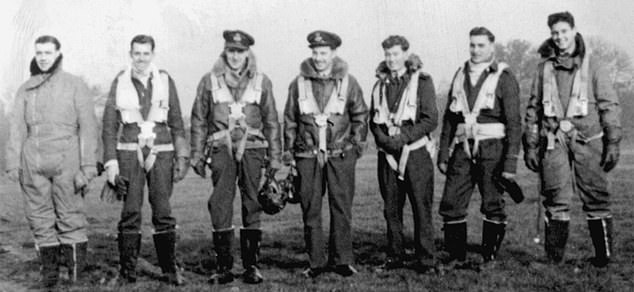 The Beetham crew in 1943. (From left) Fred Ball, gunner; Les Bartlett, bomb aimer; Michael Beetham, pilot; Frank Swinyard, nav; Reg Payne, Wop; Don Moore, flight engineer; Jock Higgins, gunner. Don and Fred were killed after their Lancaster caught fire during a training sortie