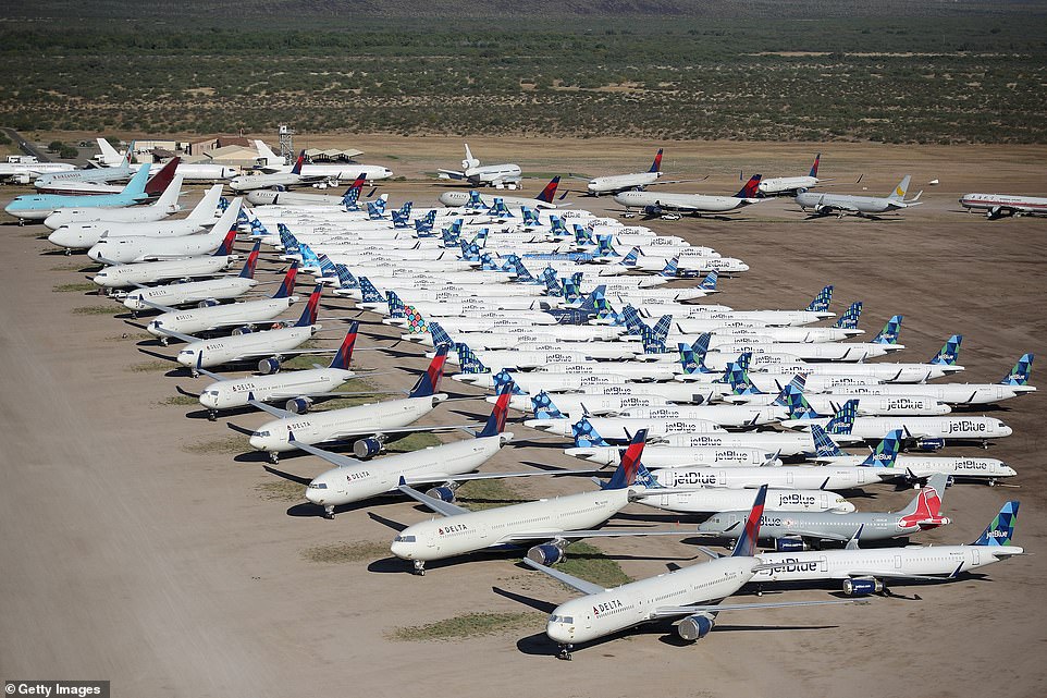 Dozens of decommissioned and suspended Delta and jetBlue commercial aircraft are now in storage