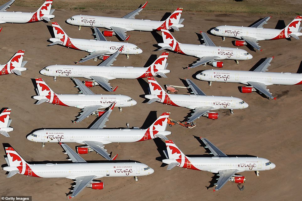 Air Canada Rouge has parked its jets neatly side by side waiting until they are required to fly once again