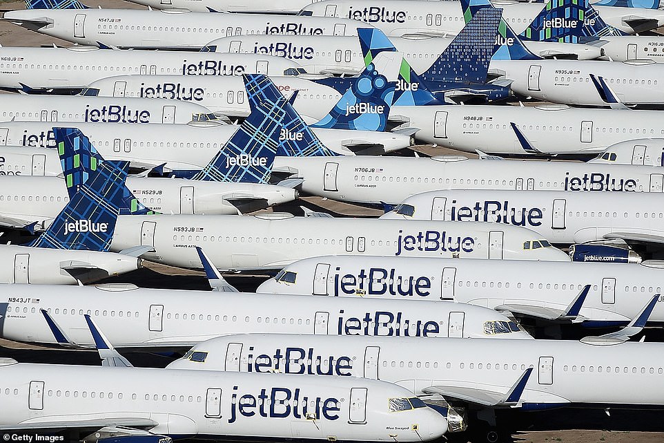 JetBlue have parked up almost 100 of its aircraft as demand for flights has plummeted by some 95% with no end in sight