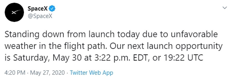 Everything is currently 'go', but weather concerns amid rain and cloud at Kennedy Space Center threaten the liftoff of 'Launch American', officials had said earlier in the day. NASA and SpaceX will reconvene in Cape Canaveral for a second attempt on Saturday, May 30 at 3:22pm ET