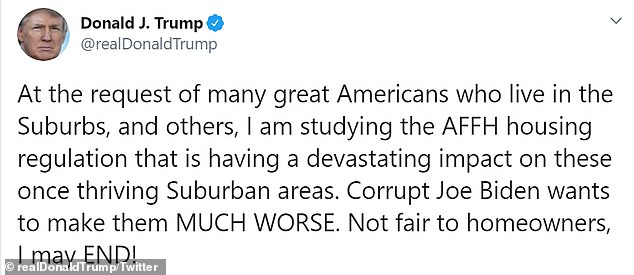 The president tweeted he is 'studying' the AFFH rule at the 'request of many great Americans'