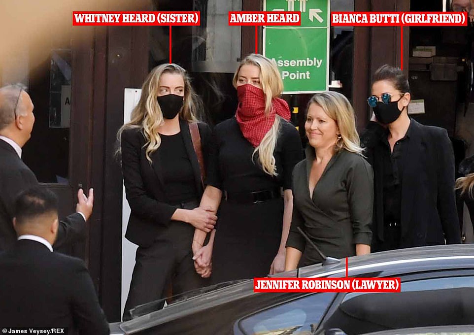 Amber Heard arrived at the High Court on the first day of the trial holding hands with sister Whitney Heard (left), lawyer Jennifer Robinson (next to her right) and girlfriend Bianca Butti (right)