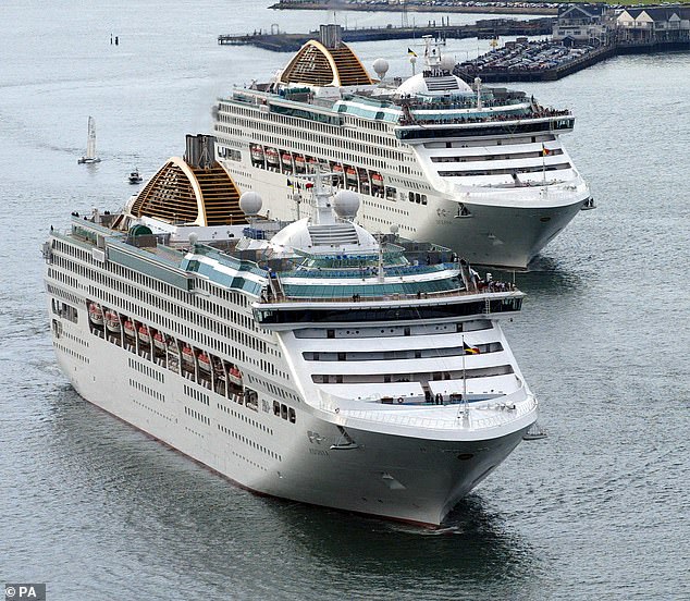 The UK's biggest cruise line, P&O Cruises (pictured: P&O cruise ships Adonia (left) and Oceana, the White Sisters, leaving Southampton), part of the Carnival group, has suspended all sailings until mid-October