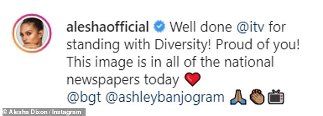Grateful: The singer took to Instagram on Saturday to share a snap of the advert, and wrote: 'Well done @ITV for standing with Diversity'