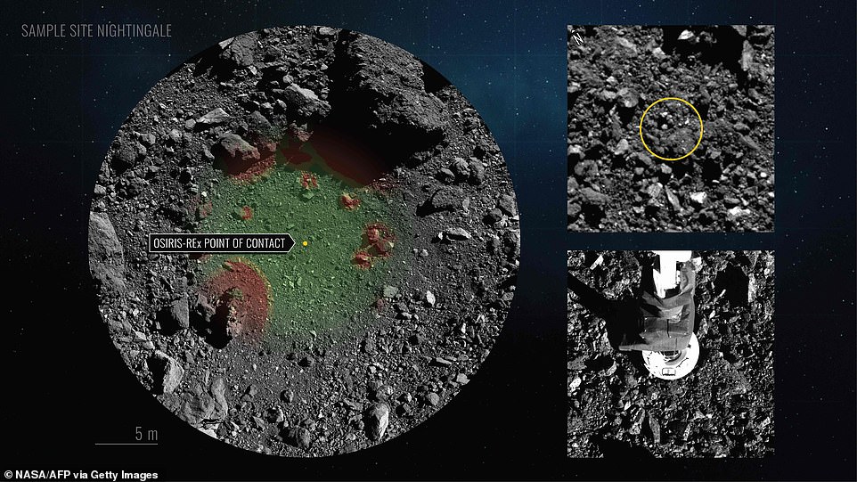 This map by NASA shows the Nightingale Hazard Map and the TAG location (top right) and OSIRIX-REx's robotic arm making contact (bottom right)