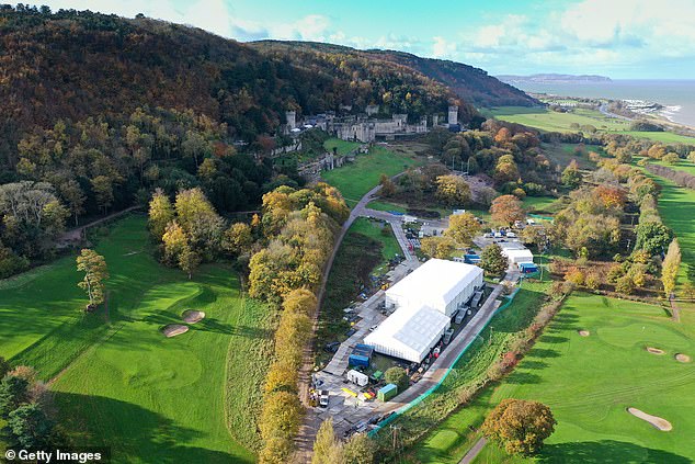 An aerial view of the castle, showing the woodland area to the left where the body was found