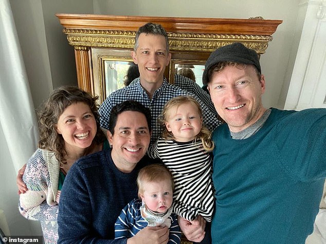 The dads (left to right), Alan, Ian and Jeremy, are pictured here with their children Parker and Piper, and their biological mother Meghan who donated eggs which were then carried by two different surrogates