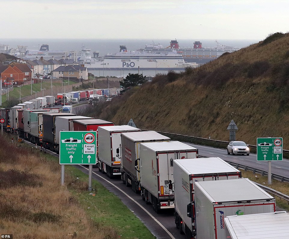 Lorries queue for The Port of Dover along the A20 in Kent today as the Dover TAP (Traffic Access Protocol) is implemented