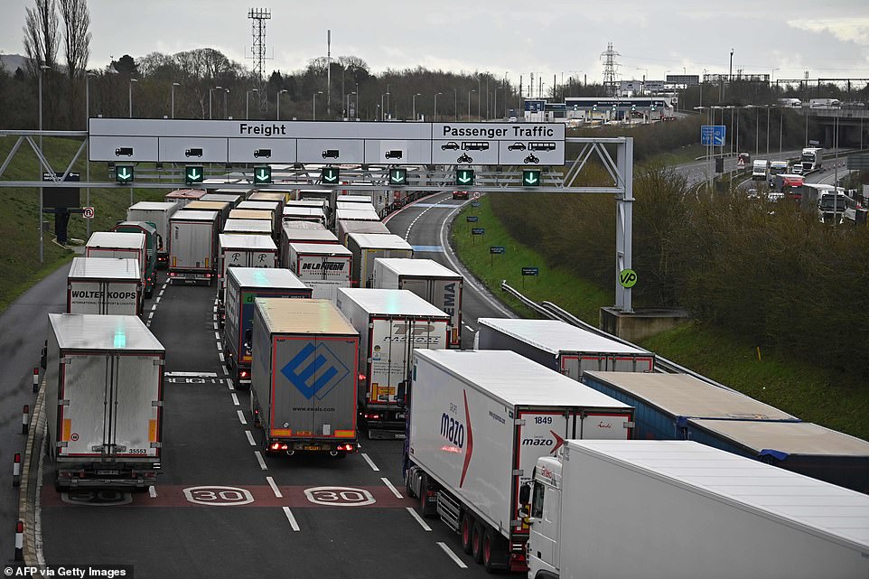 Freight lorries queue at the entrance to the Channel Tunnel freight terminal in Folkestone on the south coast this morning