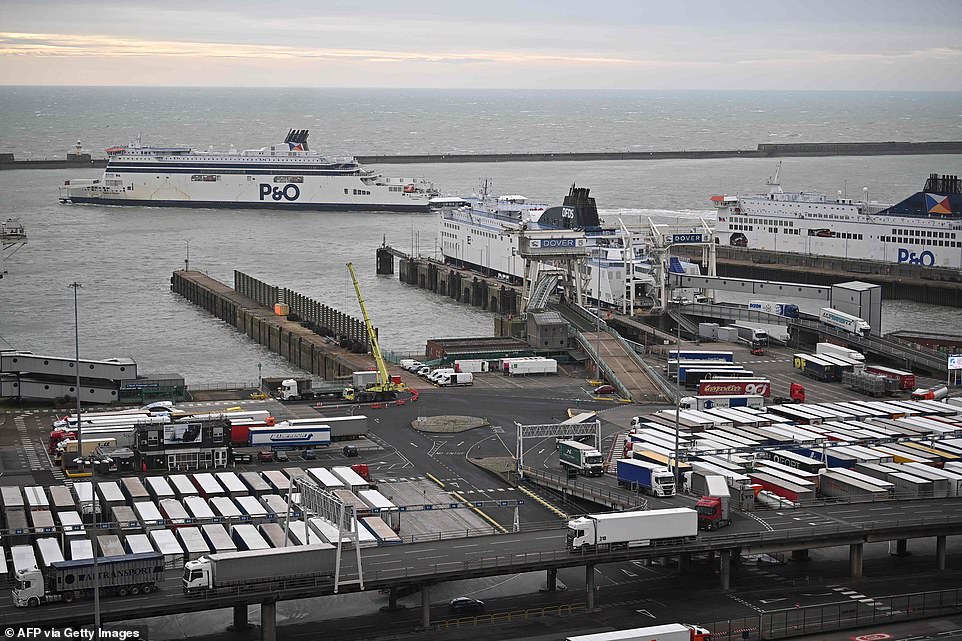 Lorries disembark while others wait to board as a P&O ferry arrives at the Port of Dover in Kent this afternoon