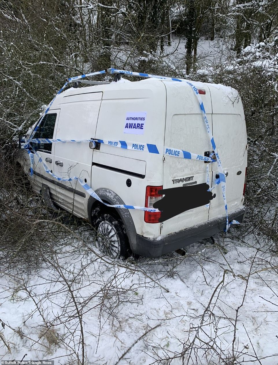 In Suffolk, police helped after a white van driver crashed into a tree near Stowmarket after coming off the road in the snowy conditions