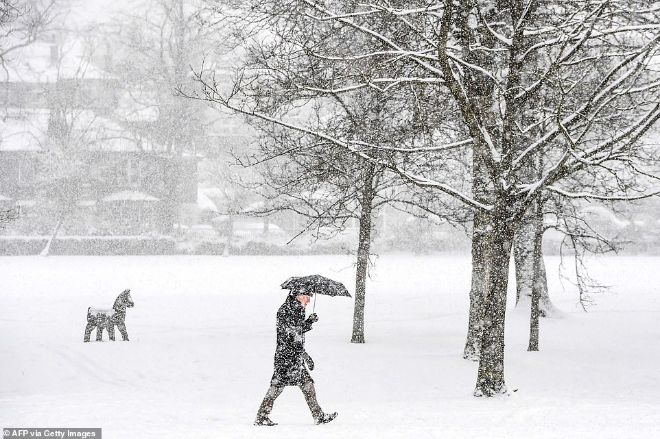A hardy walker wrapped up for a stroll through the snow in Victoria Park in Glasgow this morning