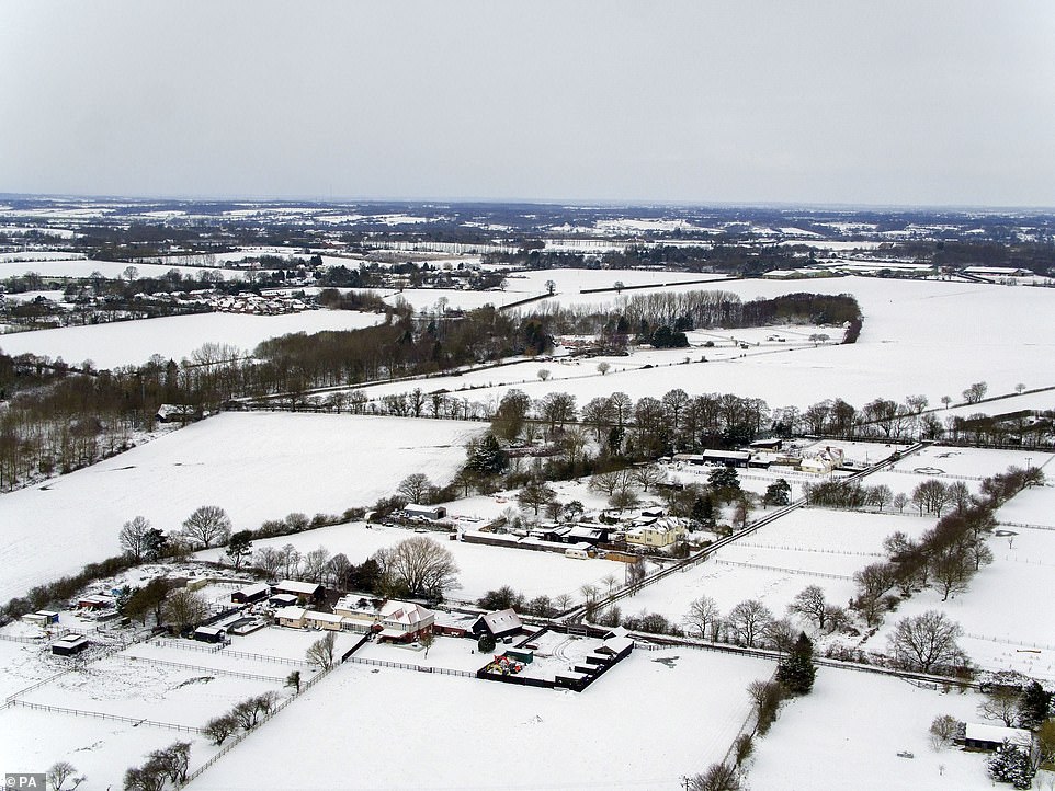 Snowy fields in Colchester, Essex. England's snowiest place was Andrewsfield, Essex, with accumulations of 26cm (just over 10 ins)
