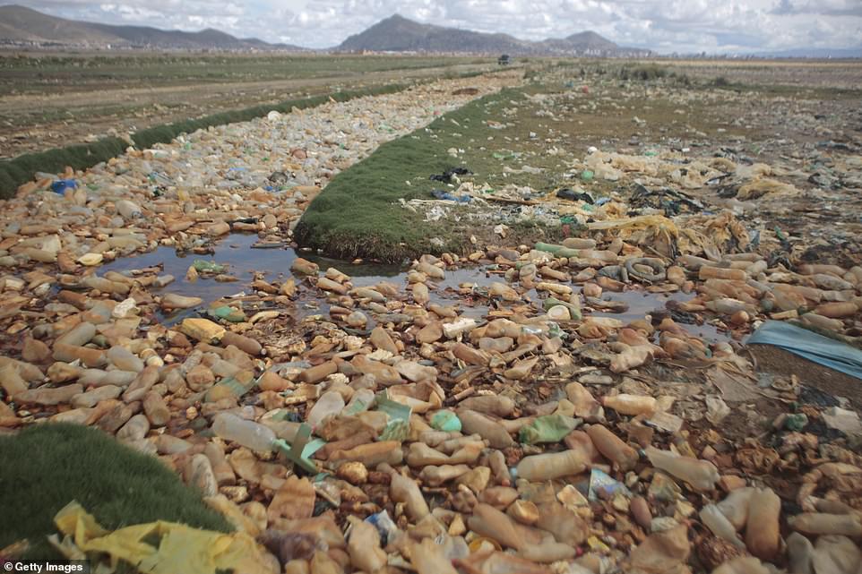 Disposing of plastic waste in local waterways has led to scenes, such as the one pictured, of thousands of bottles floating on the clogged Tagarete river