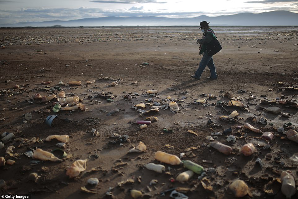 The lake used to have a surface area of 214 km², but much of the water was lost in a lengthy drought in 2016 (pictured, Roberto Tarqui walks over the rubbish)