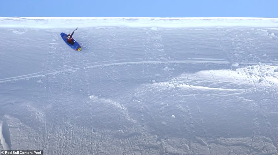 At certain points, Serrasolses flies through the air as he whizzes off razor-sharp edges. He then thuds back down on the compact snow and continues rocketing along