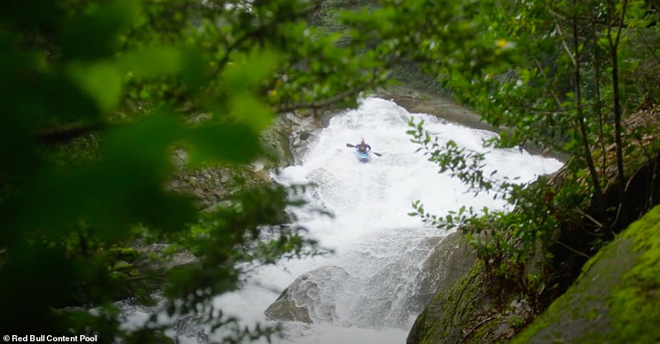 After navigating the snowy volcano and a patch of woodland, Serrasolses lands in a fast-flowing river