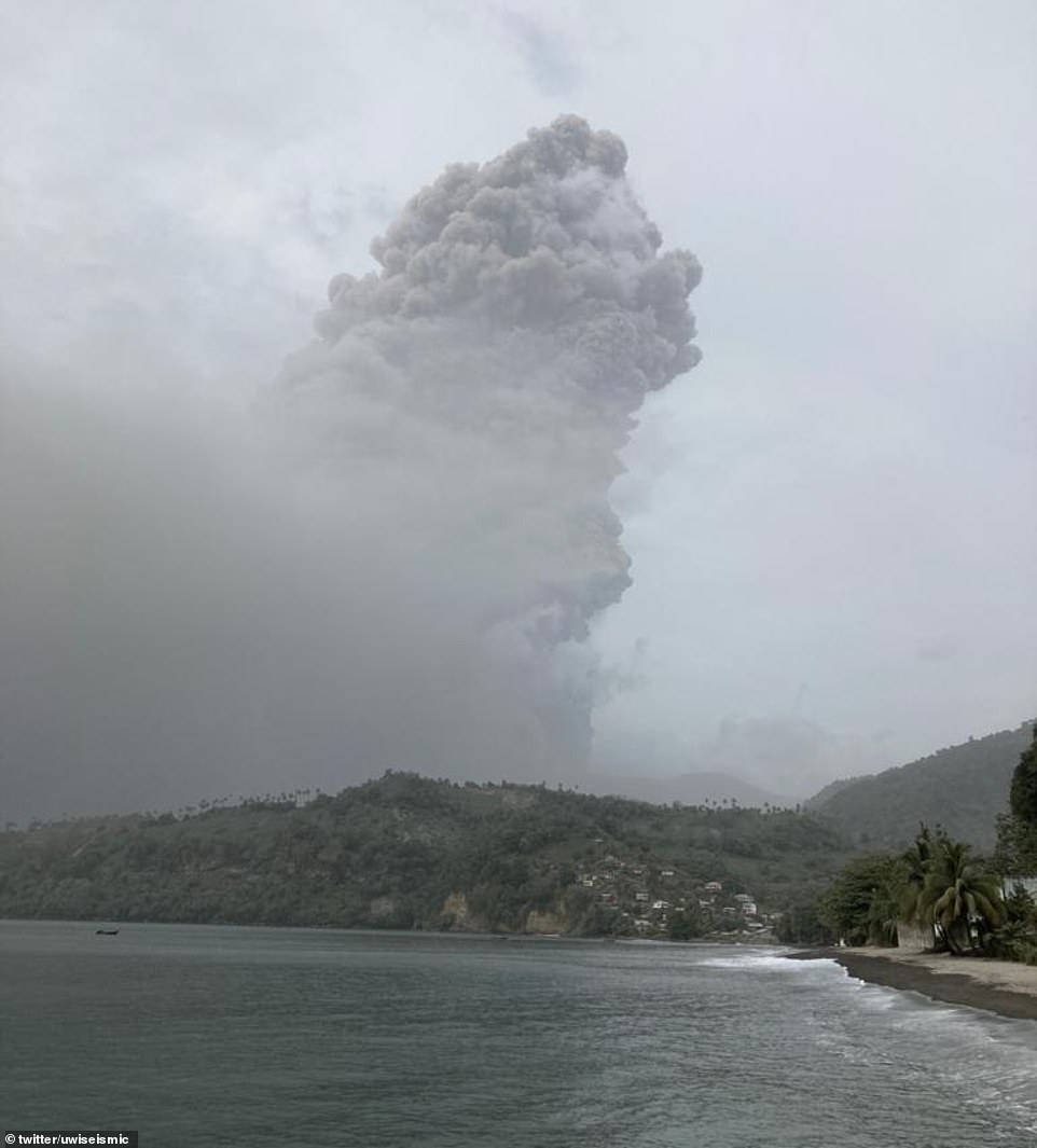 La Soufriere volcano exploded for a second time yesterday afternoon (pictured), just six hours after the volcano exploded for the first time in more than 40 years