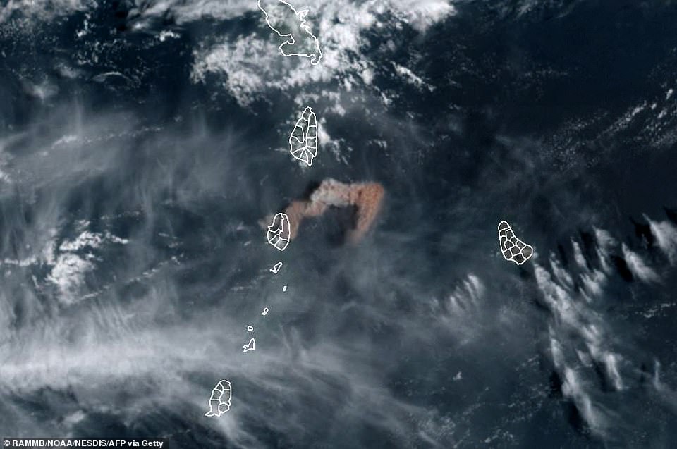 An image from the National Oceanic and Atmospheric Administration shows the eruption of La Soufriere