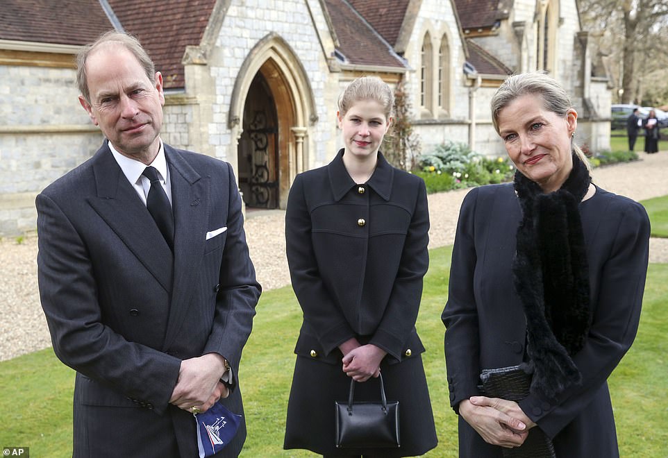 Sophie (right) also joined her husband Prince Edward (left) and daughter Lady Louise Windsor (centre)  to speak to the media outside the chapel