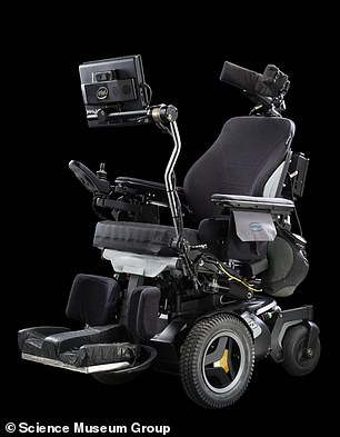 The announcement comes following an acceptance in lieu agreement between the Cambridge University Library, the Science Museum Group and the UK Government. Pictured: items being preserved include Professor Hawking's personalised wheelchairs (as pictured)