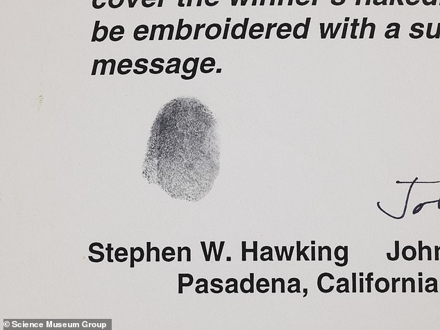 Pictured: a typed bet, signed with a thumbprint, between Professor Hawking and his colleagues John Preskill and Kip Thorne, dating to September 24, 1991