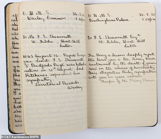 Another transcription shows the letter written by the 'Keeper of the Privy Purse' - an aide to the King - expressing Buckingham Palace's sadness at Lieutenant Shoosmith's death