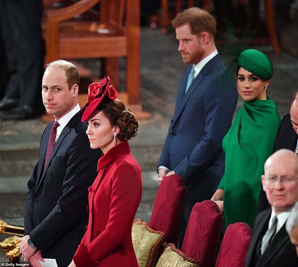 While Harry travelled to the UK on Friday, Meghan has stayed in the US with their two children. Pictured: Prince William, Catherine, Duchess of Cambridge, Prince Harry and Meghan, Duchess of Sussex, attend Commonwealth Day Service 2020