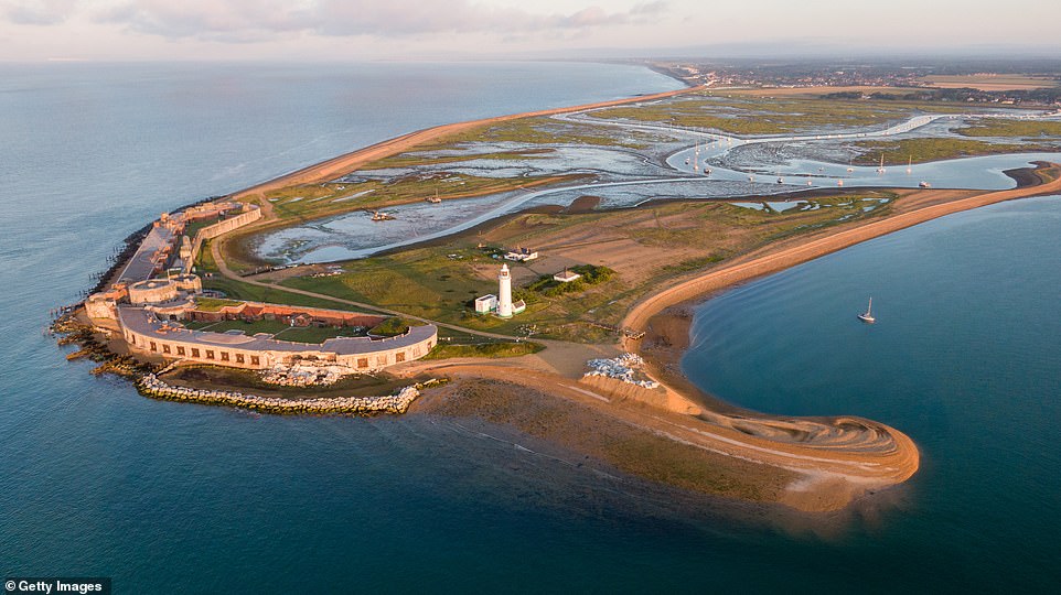 An aerial view showing the damage at Hurst Castle on August 10, 2021 in Hampshire near Lymington, England