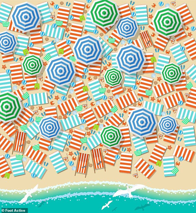 A busy brainteaser (pictured) designed by Foot Active challenges puzzlers to spot two shoes hidden among beach items