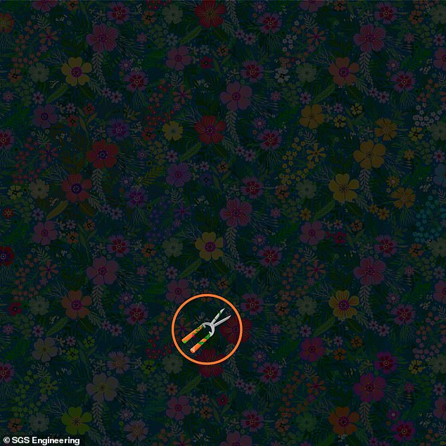 The shears can be spotted in the lower third of the graphic surrounded by pink flowers