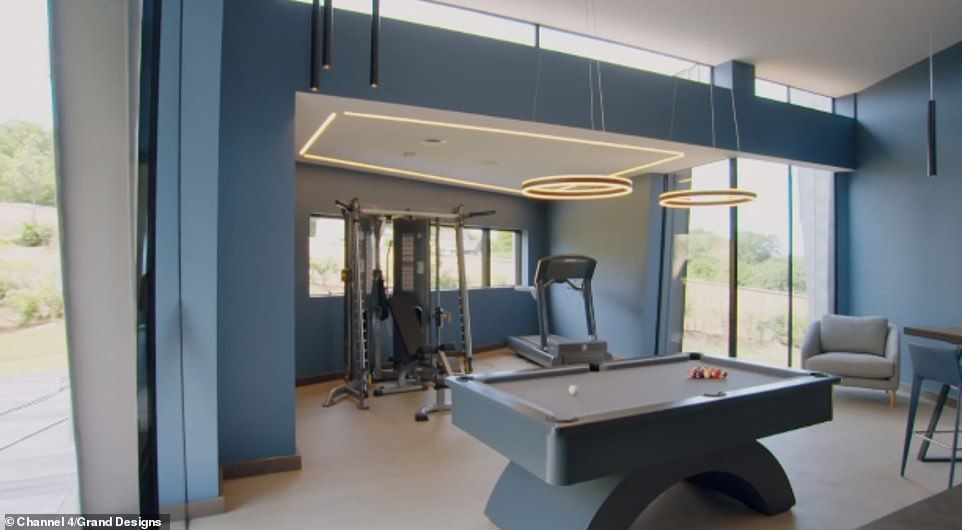 The unusual home, which Kevin McCloud likened to a 'spaceship' featured an open plan living area as well as a huge gym and games room