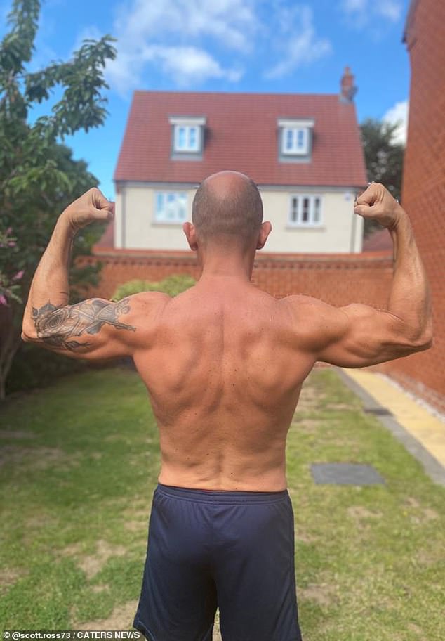 Showing off his muscles. Scott, pictured now, said the new routine has had a positive impact on his mental health and overall stress