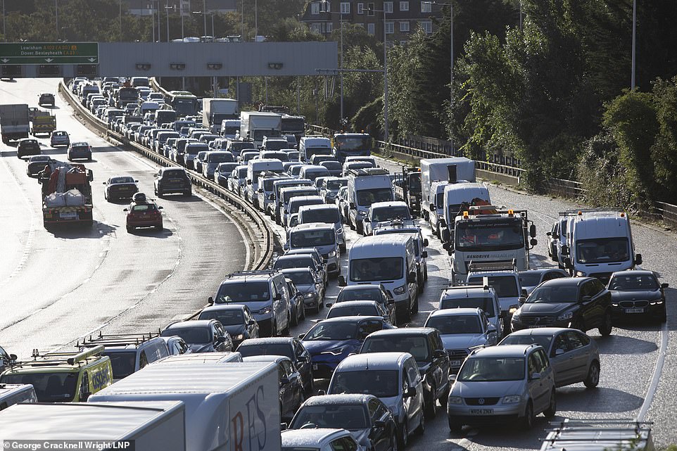 A large queue of traffic on the A102 Blackwall Tunnel approach after activists from Insulate Britain blocked part of the tunnel earlier this morning