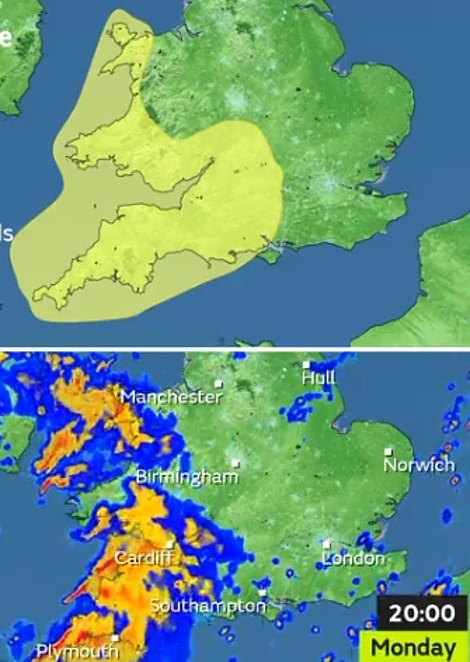 Rain warnings are in place for the south west and Wales on Monday night