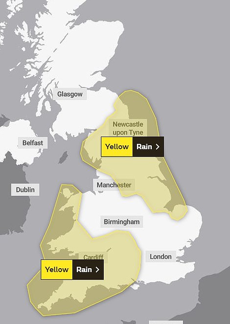 Rain warnings are in place for the south west and Wales on Monday night as well as large parts of the north on Tuesday morning