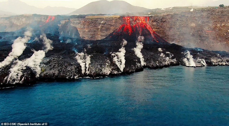 This image from the Spanish Institute of Oceanography (IEO-CSIC) shows an aerial shot from the oceanographic vessel Ramon Margalef (IEO) of the delta formed on La Palma's by the lava