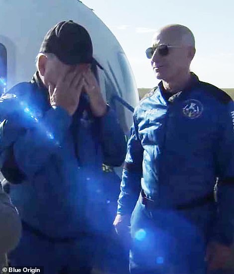 Emotional: 'I'm so filled with emotion with what just happened,' Shatner said to Bezos on the ground, breaking into tears. 'I hope I never recover from this,' he added