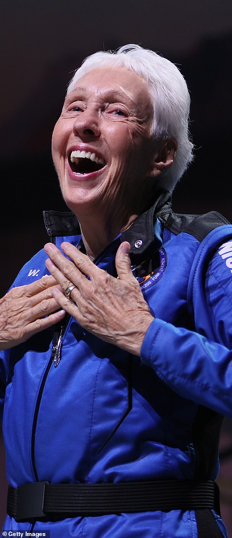 Pictured is Wally Funk, 82, who flew on Blue Origin's first crewed mission on July 20