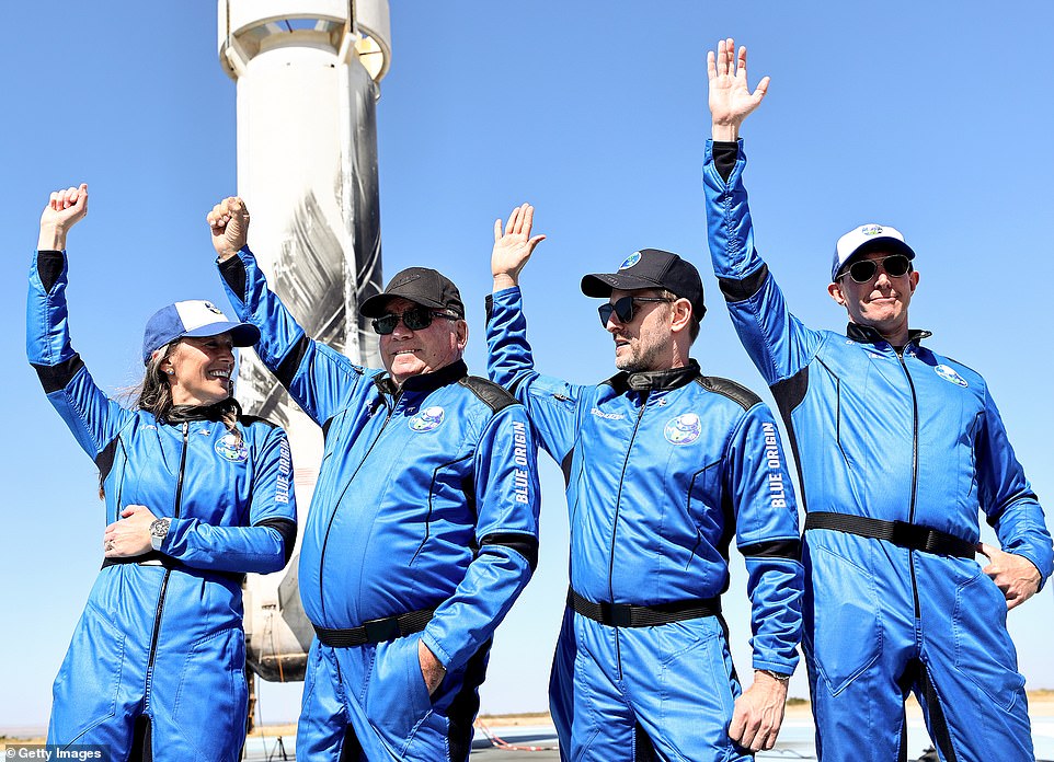 Historic moment: Bezos and Sanchez were both in Texas this week to watch Shatner (center, left) launch into space with astronauts Audrey Powers (far left), Chris Boshuizen (center, right) Glen de Vries (far right)