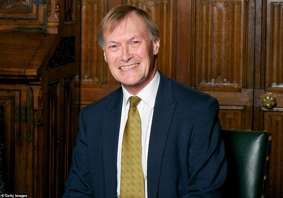 Priti Patel Prime Minister Boris Johnson, Labour leader Sir Keir Starmer and Commons Speaker Sir Lindsay Hoyle paid their respects to  Sir David (pictured above), less than 24 hours after he was fatally stabbed during a constituency surgery