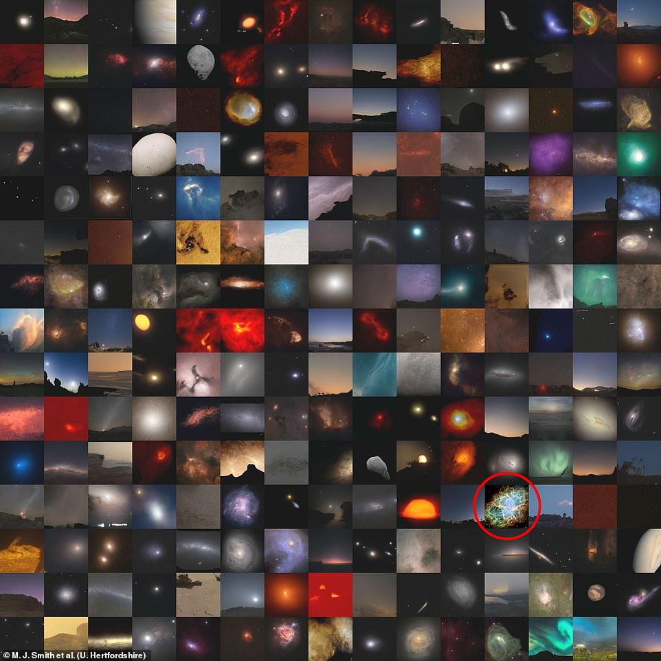 Did you spot it? The only real image in the mosaic shows the Crab Nebula, a nebula located 6,500 light-years from Earth in the constellation Taurus. All the others are fake