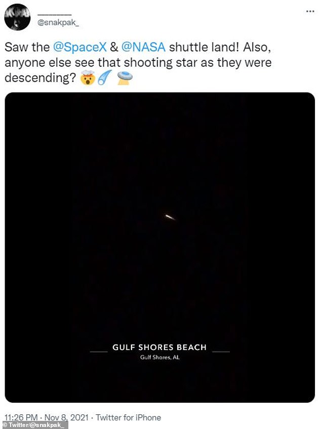 Another sighting was reported over Gulf Shores, Alabama. The capsule traveled at least 17,000 miles per hour during deorbit as it free-falls toward the ocean, all the while slowing its speed before releasing parachutes to help stop it from crashing before splashing down