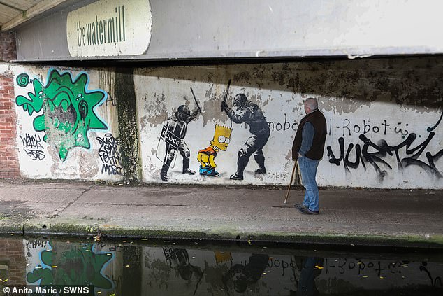 Inspired by his original story, the artist told Mr Meekcom that the police were purposely painted in black to represent the 'disproportionate use of force' and the 'dark and oppressive nature of the police', while Bart Simpson was depicted as 'cheeky, comical and playful'