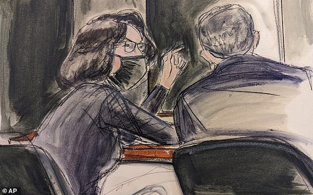 Broken: Maxwell speaks to her defence attorney Christian Everdell prior to the testimony of 'Kate' during her trial